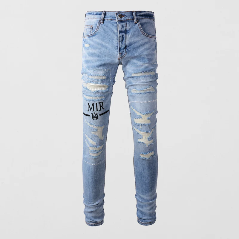 

Fashionable new blue men's jeans, retro elastic slim fit washed jeans, high street hip-hop brand pants, hombre