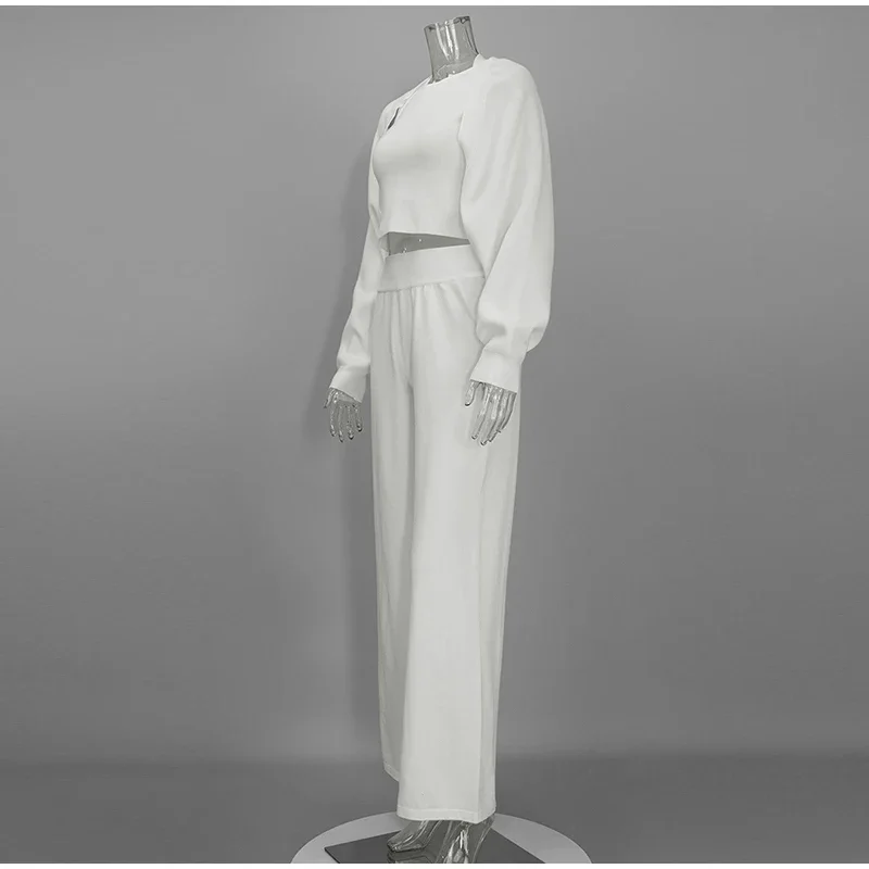 Damen Strick-3-Teiler-Set: O-Ausschnitt, ärmelloses Crop-Top, Langarm-Mantel, weit geschnittene Hose, Herbstmode, neue Strickwaren für Damen – Detail 4