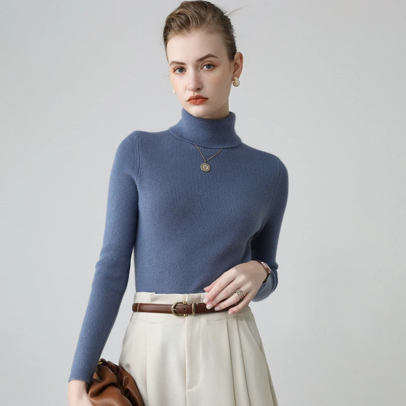 

Autumn and Winter New Style Women's High Collar 100% Pure Cashmere Pullover Slim Wool Base Coat with Knitted Sweater Underneath