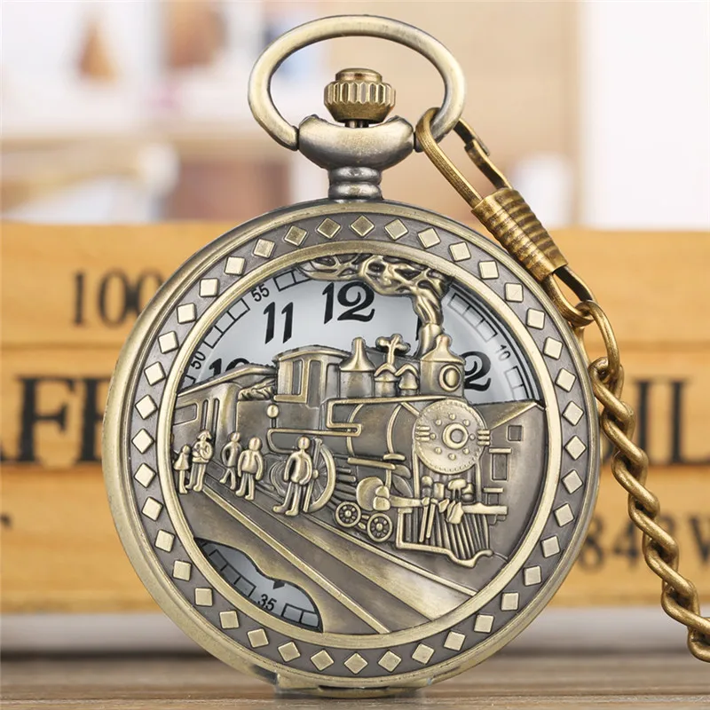 Classic Locomitive Steam Train Design Unisex Half Hunter Quartz Analog Pocket Watch Necklace Pendant Chain Reloj De Bolsillo