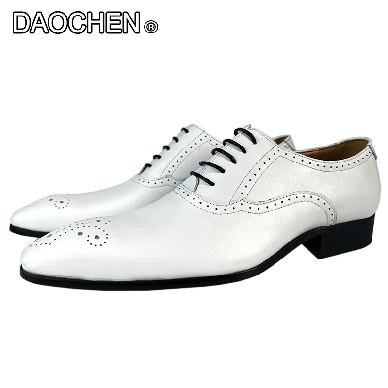 MEN OXFORD SHOES WHITE BLACK BROGUE LUXURY LACE UP DRESS MAN OFFICE BUSINESS WEDDING SHOES GENUINE LEATHER SHOES FRO MEN