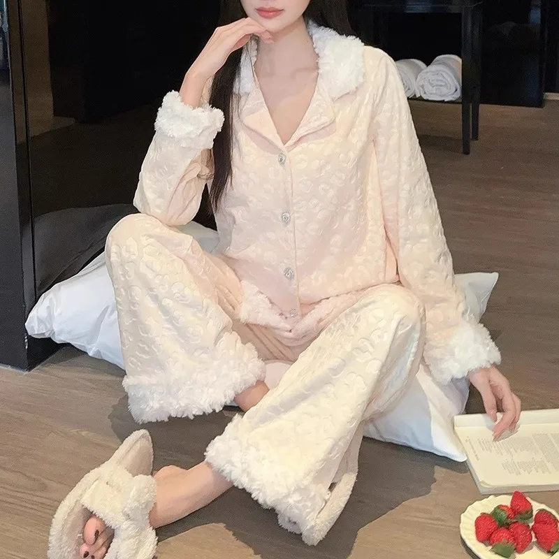 

Women's Korean Double Sided Island Velvet Pajamas Set Long Sleeve Warm Loungewear Autumn Winter XL Size Solid Full Length Cozy