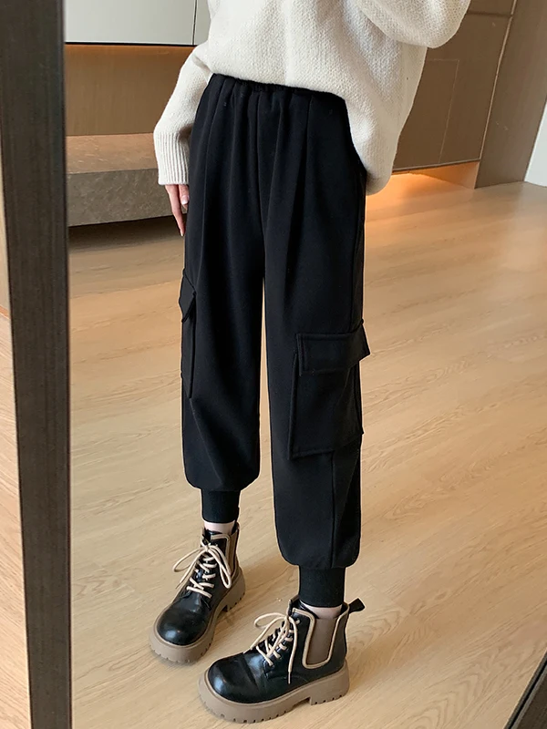 Damskie wełniane spodnie utilitarne jesienno-zimowe, luźny krój, spodnie typu harlan, wysoki stan, elastyczne, jednolite, uniwersalne spodnie codzienne.