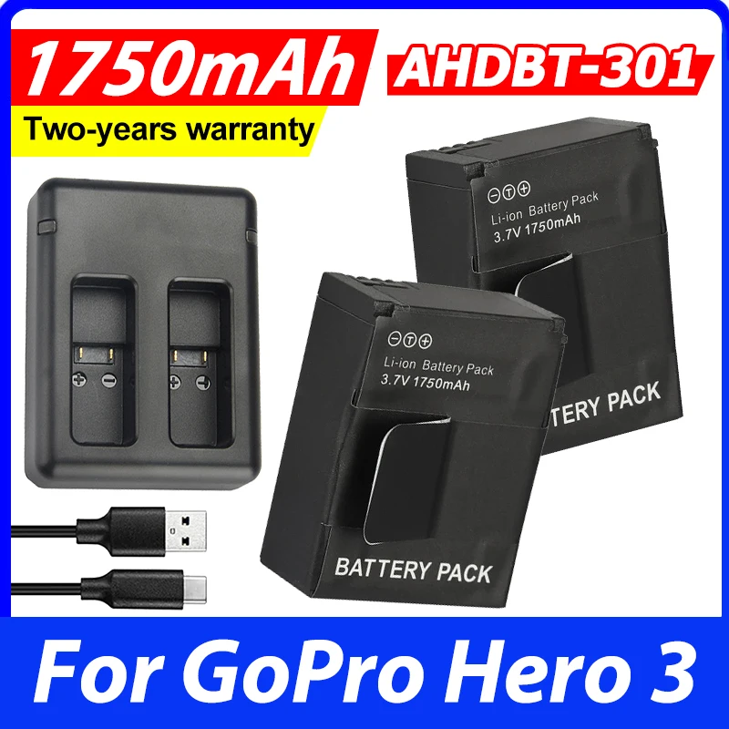 1750mAh AHDBT-301 Battery For Gopro Hero 3 Hero3+ AHDBT-301 AHDBT-201 Gopro 3  Action Camera Rechargeable Battery