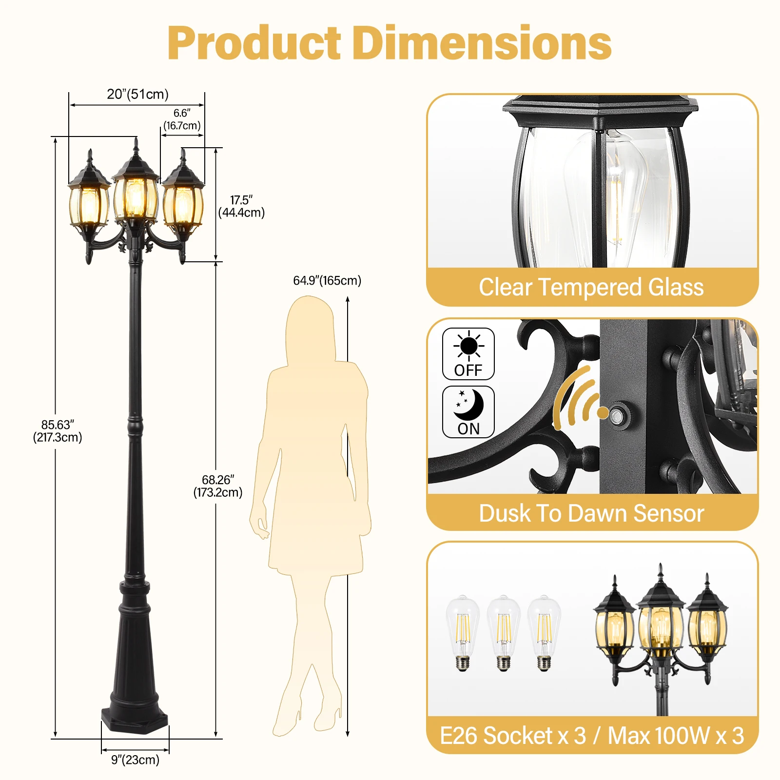 3-Head Outdoor Lamp Post Light, Dusk to Dawn Waterproof Aluminum Street Light with Sensor and Glass for Backyard Garden Patio Driveway