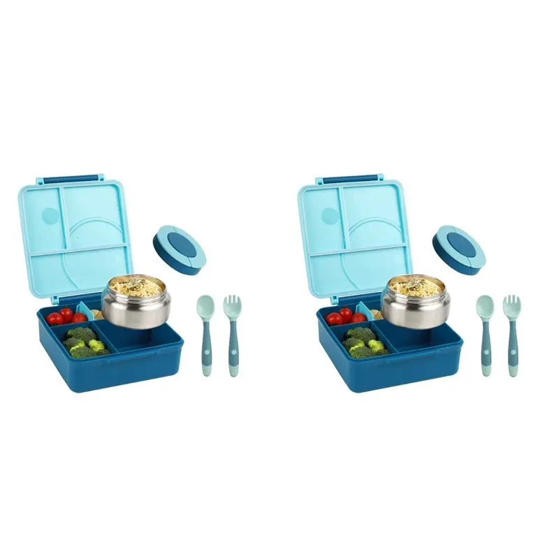 

【ADORN】2X Детский ланч-бокс с термосумкой 8 унций, герметичные контейнеры для еды с 4 отделениями для школы и путешествий, синий