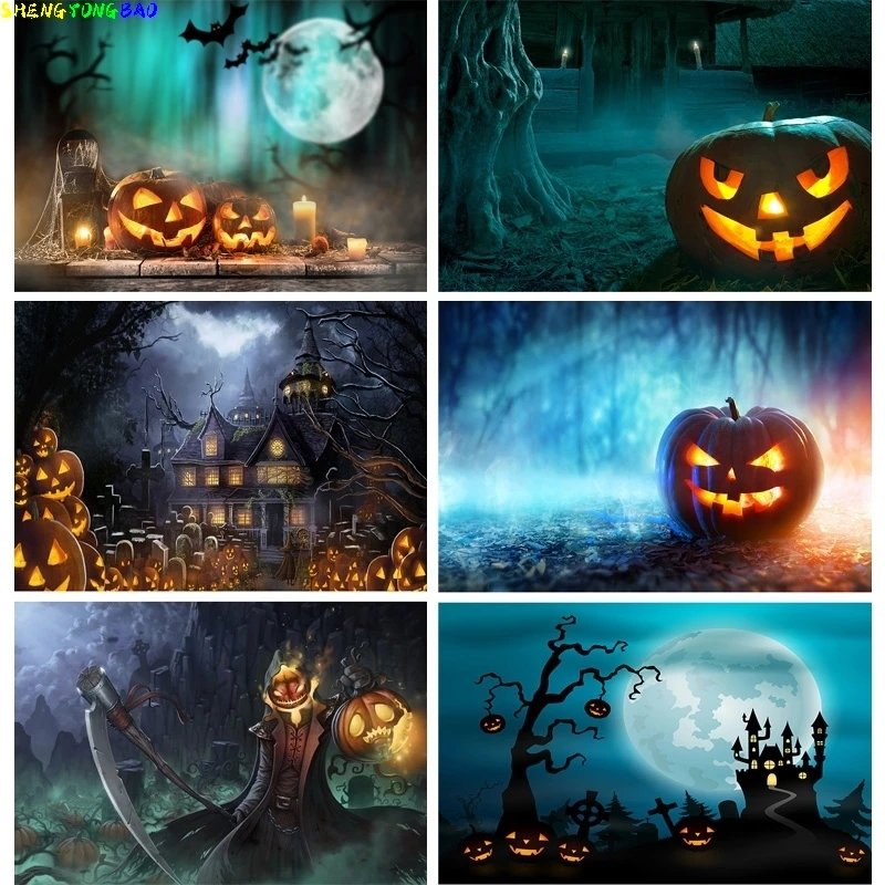 

Halloween Backdrop Pumpkin Lantern Forest Moon Tombstone Baby Photography Background For Photo Studio Props 2182 XZR-03