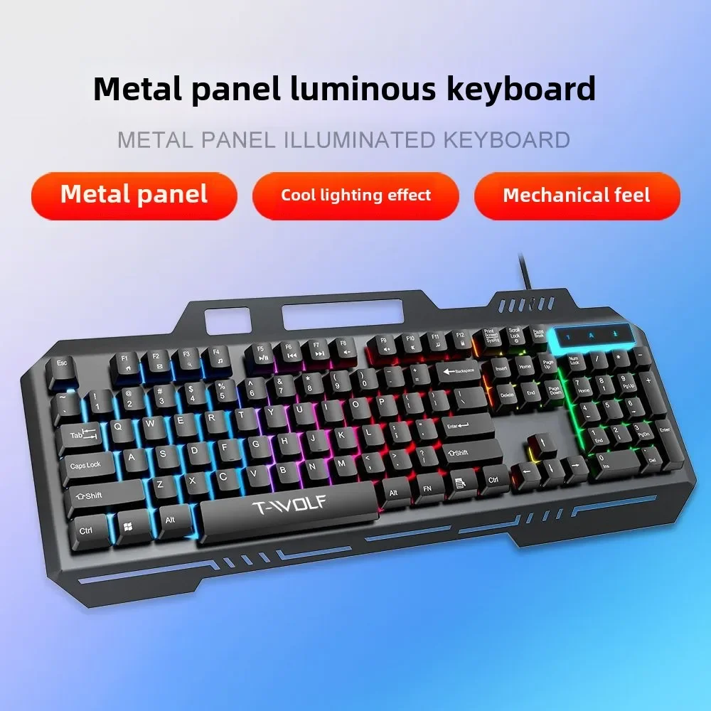 Teclado con cable para juegos T-WOLF T16 con tablero de Metal, teclas iluminadas, conexión USB, escritura silenciosa y soporte para teléfono para PC de escritorio