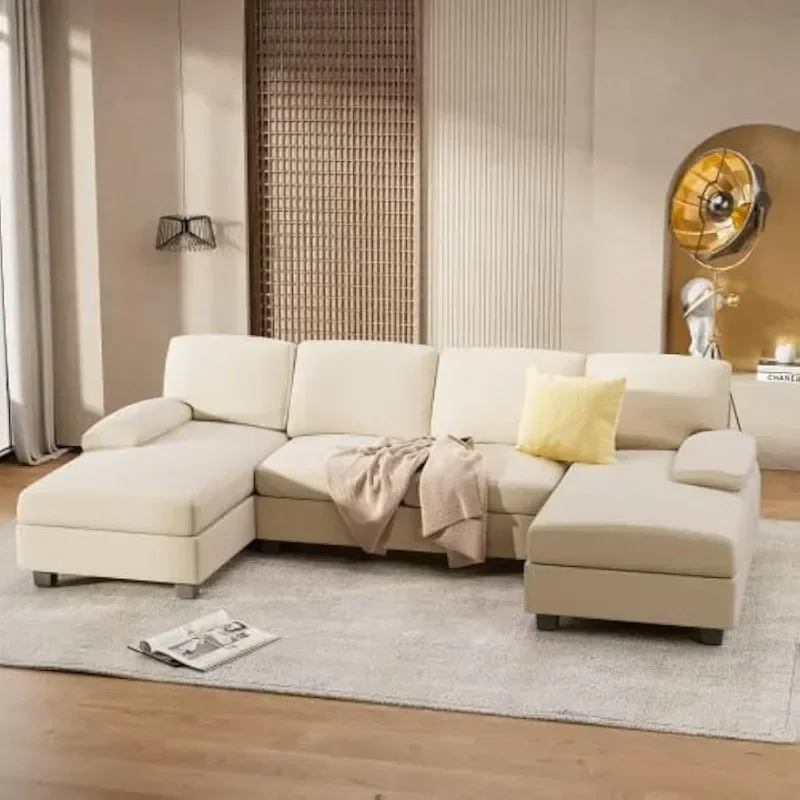 Rozkładana sofa segmentowa, 4-osobowa sofa w kształcie litery U, nowoczesna tkanina, modułowa rozkładana sofa z podwójnym szezlongiem i pianką z pamięcią kształtu