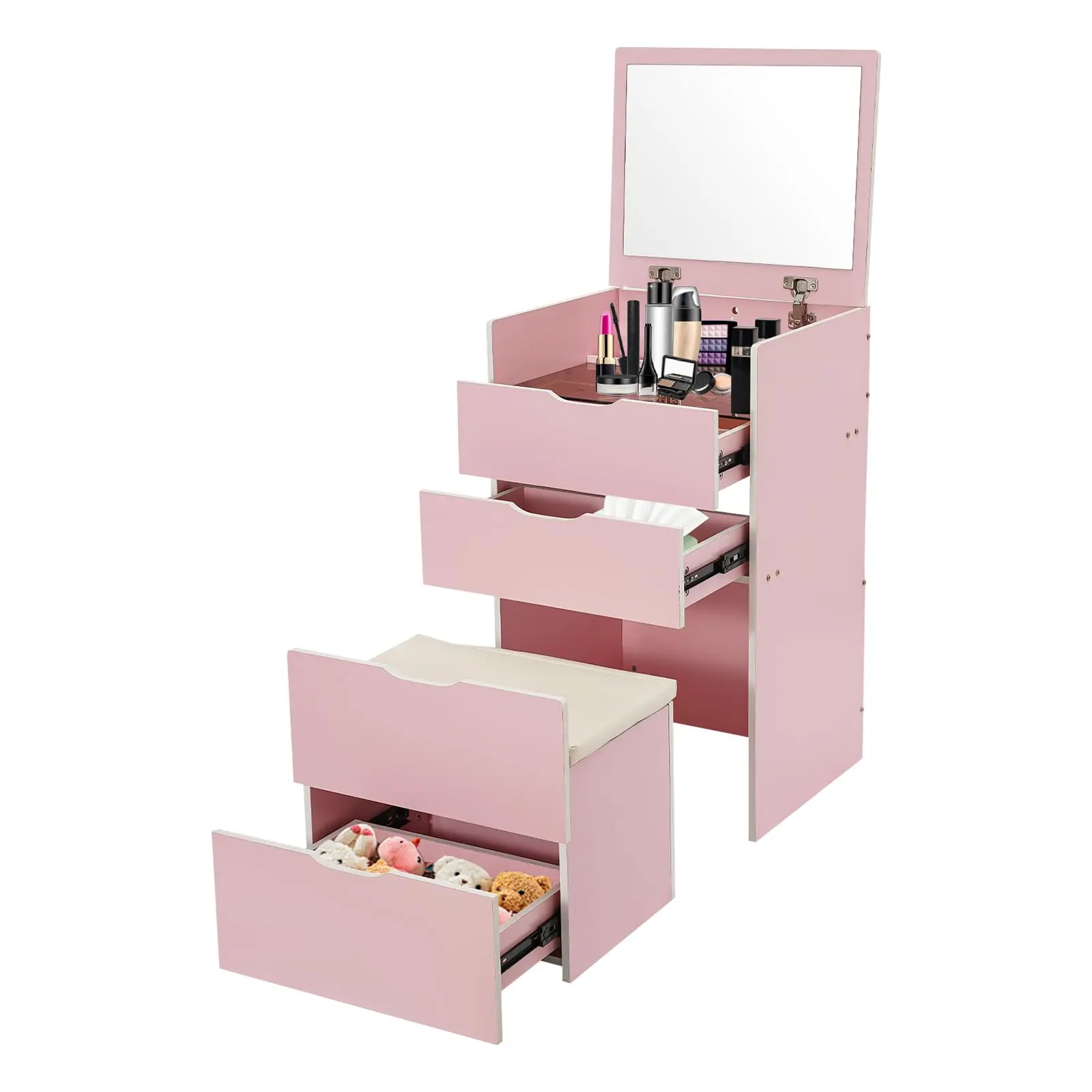 مكتب زينة 3 في 1 مع مرآة قابلة للطي ومقعد مخفي، مجموعة مكتب مكياج مدمجة مع 3 أدراج ومقعد مبطن
