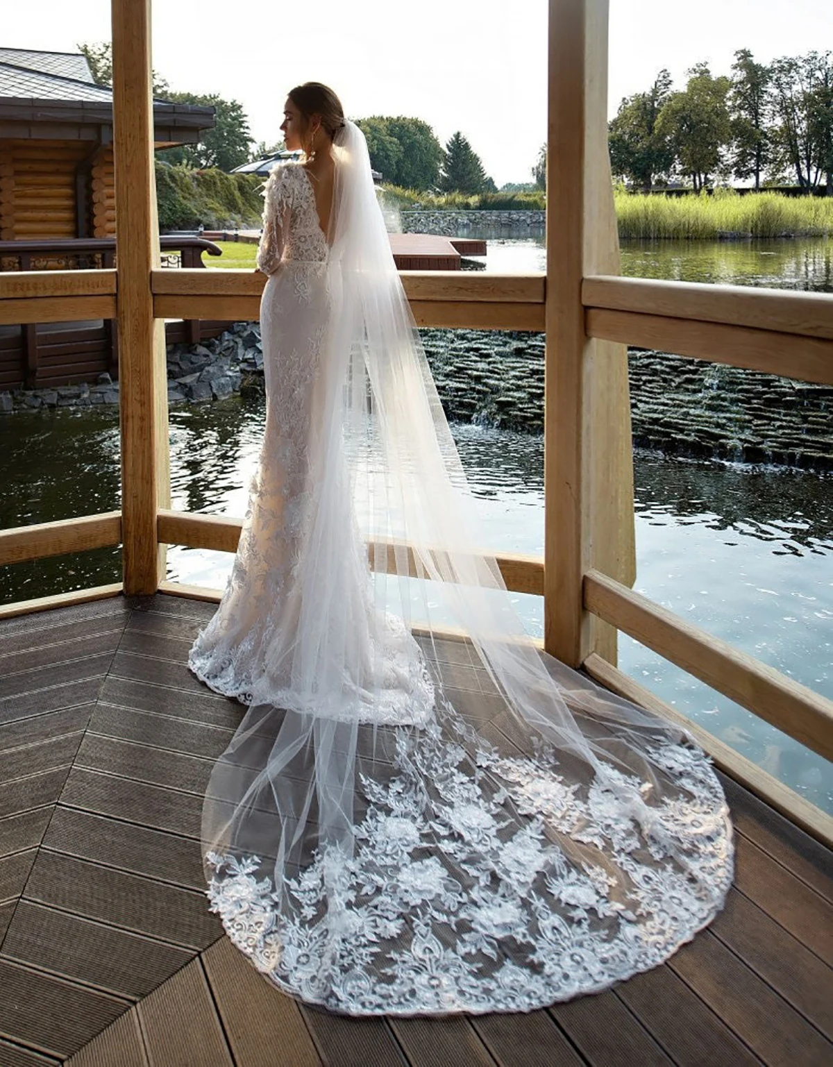 Vestido de casamento moderno 3d-flor sereia vestidos sexy tule profundo decote em v sem costas escova trem vestido de noiva robes de mariée personalizado