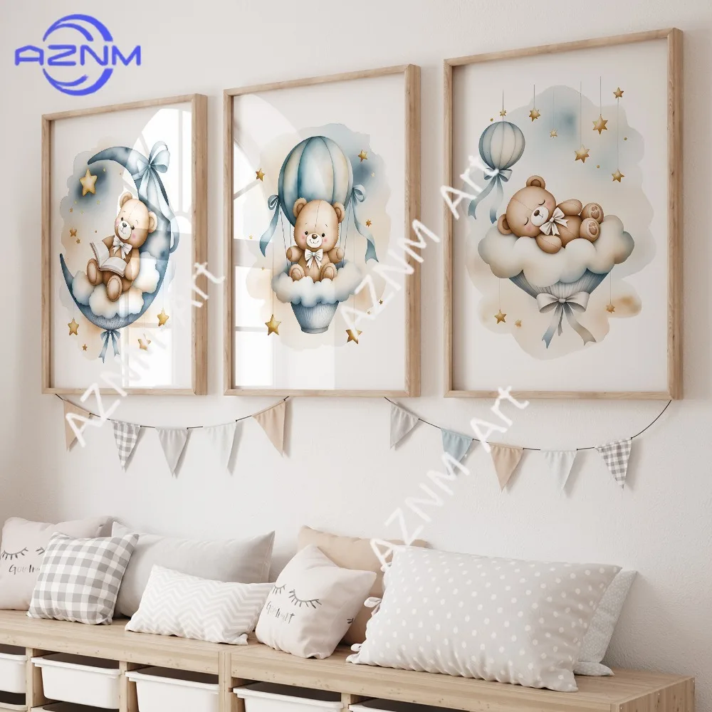1 Stück/3 Stück Cartoon Kinder Blauer Traumhafter Teddybär Wandkunstdruck Leinwandbild Poster für Wohnzimmer Heimdekoration