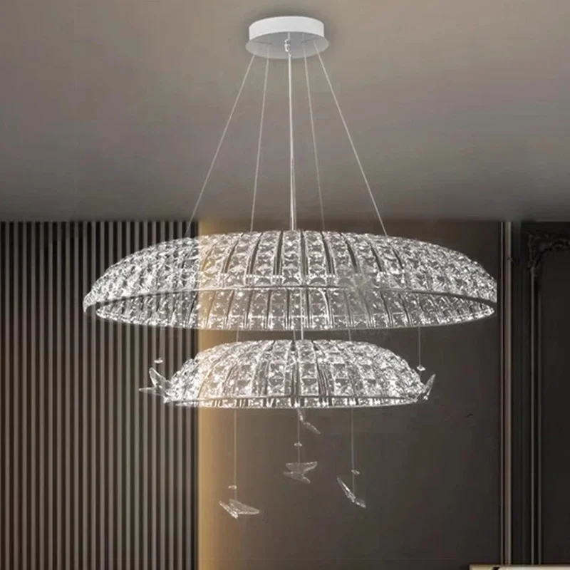 Luxury loft chandelier crystal living room home decor hanging lamp chrome double decker attic led chandeliers 2025 light fixture