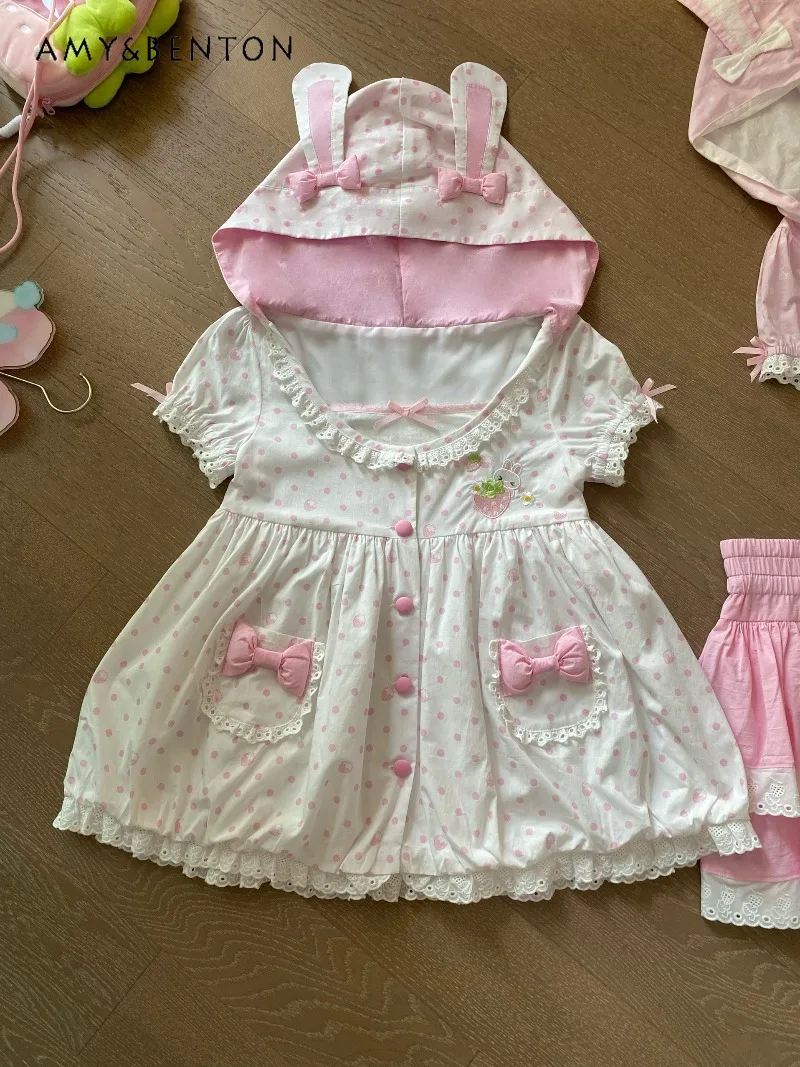 

Оригинальный клубничный горошек кролик милый японский кавайный топ с капюшоном и короткими рукавами милая лоскутная однобортная тонкая куртка