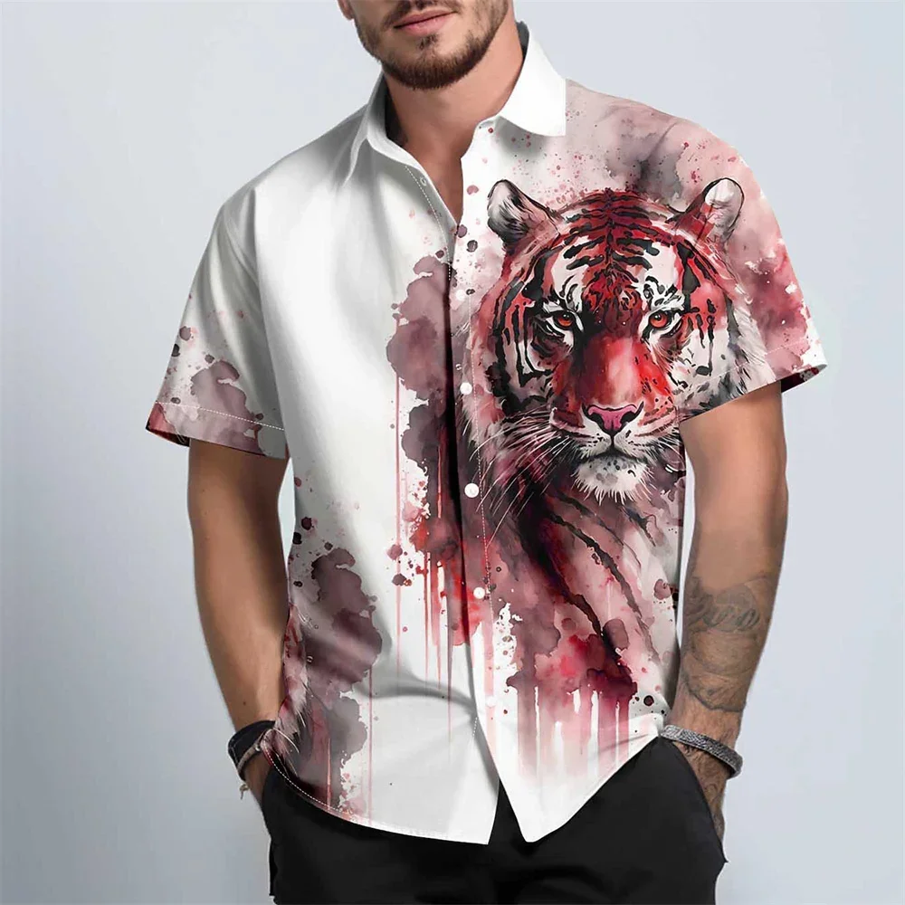 

Hot Selling Summer 2024 Men's Tiger Print Pattern Lapel Button Shirt Casual Hawaiian Vacation Comfortable Clothing