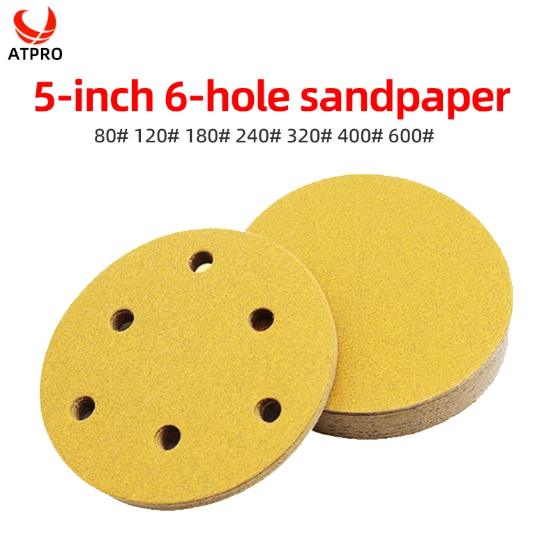 

5 Inch 6 Hole Dry Sandpaper 80/120/180/240/320/400/600 Grit 125mm Yellow Abrasive Car Sheet Metal Grinding And Polishing