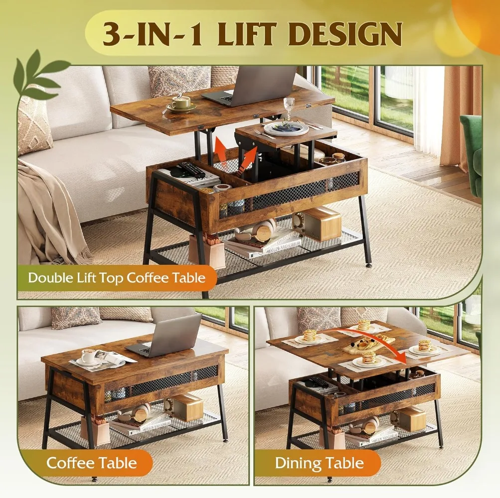 Rustic Brown3-in-1Lift Top Coffee Table,โต๊ะกาแฟมัลติฟังก์ชั่นแปลงเป็นโต๊ะรับประทานอาหารสําหรับห้องนั่งเล่น,ห้องรับประทานอาหาร