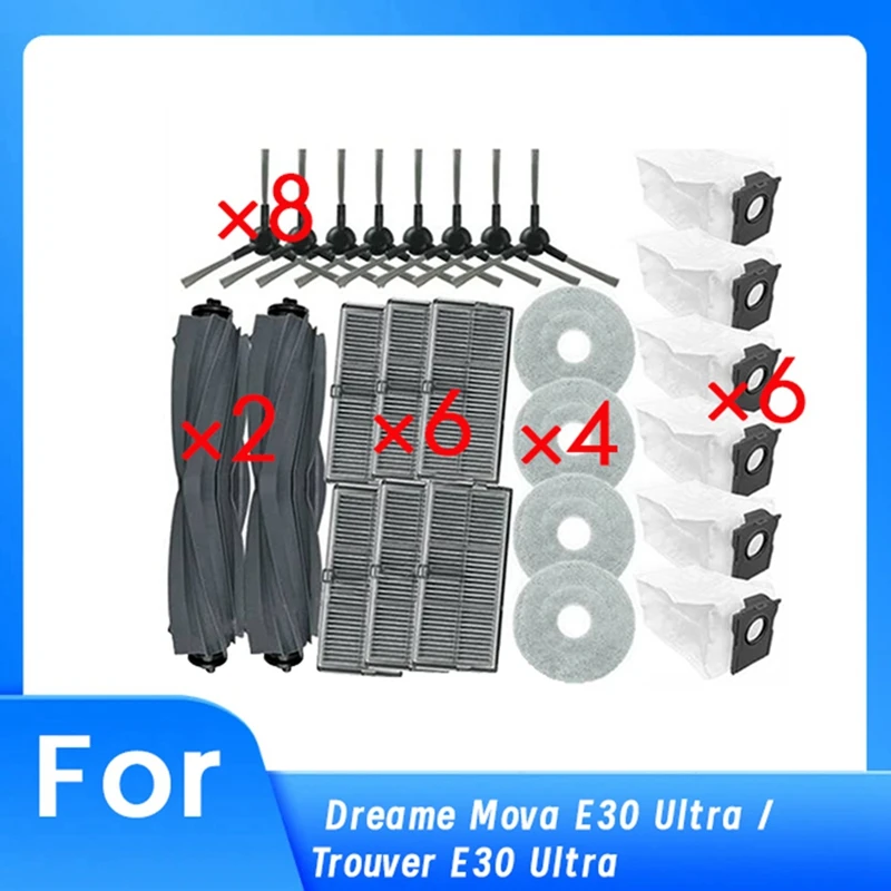 26 Pcs For Dreame Mova E30 Ultra / Trouver E30 Ultra Sweeping Robot Cleaner Parts Replacement Main Side Brush Mop Filter Set