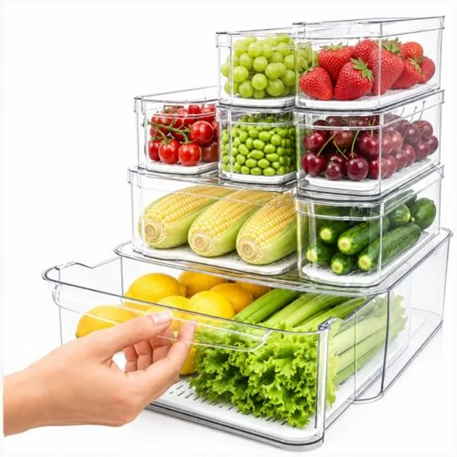 Refrigerator Organizers and Storage, 8 Pack with 1 Pull-Out Drawer and 7 Lidded Bins, Fruit Storage Containers for Fridge with