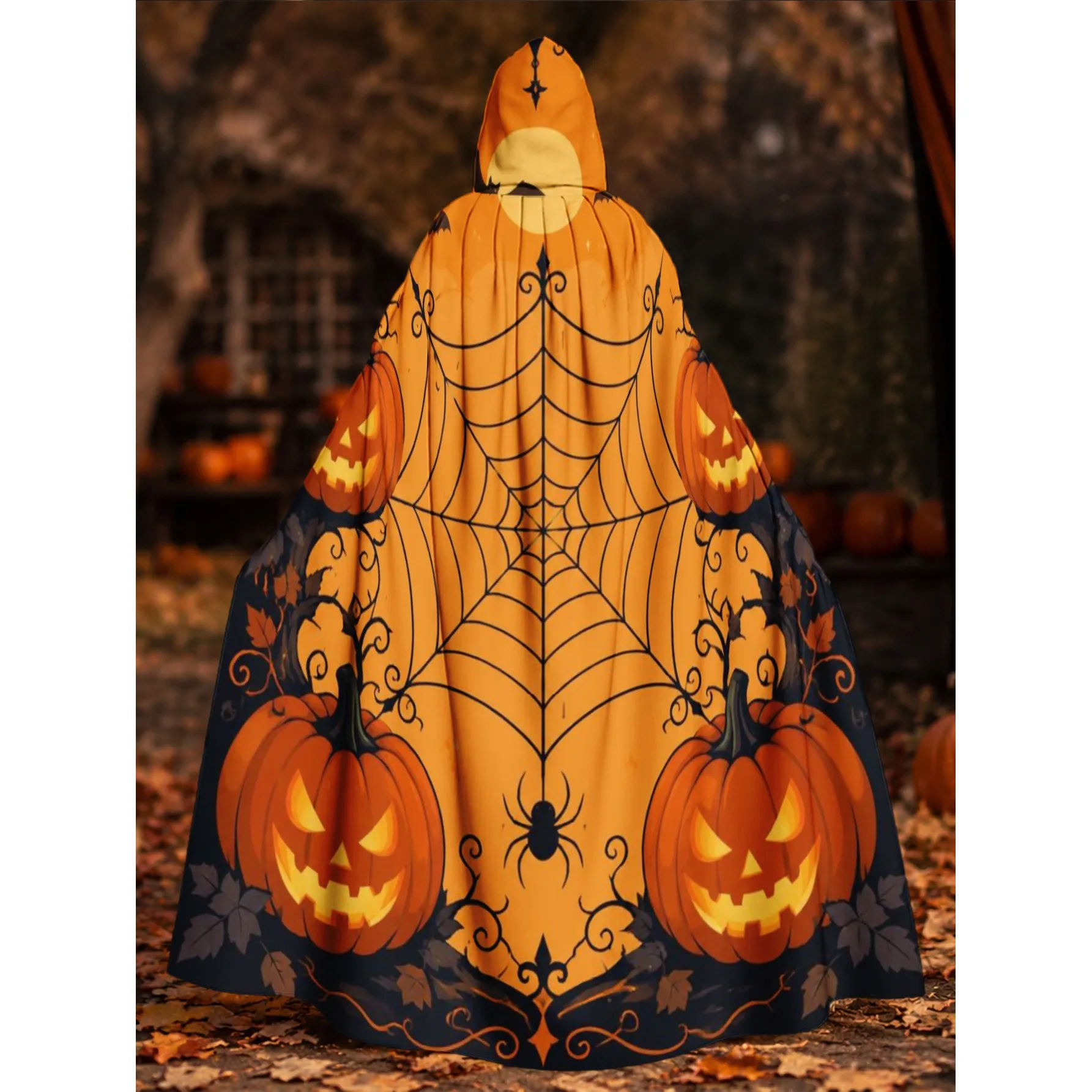 Halloween Spooky Scene Print Hooded Cloak Durable Polyester Cosplay Wizard Theme Party Costume