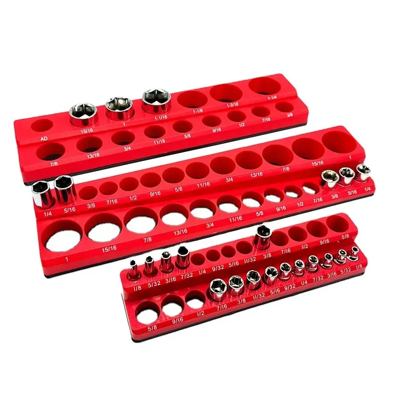 Red Magnetic Sockets Storage Rack 1/4In 3/8In 1/2In Plastic Socket Display Holder Kit Professional Metric British Tool Organizer