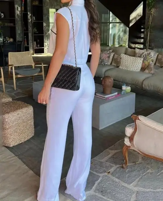 Elegant Commuting Two Pieces Set Women Outfit 23 Summer New Fashion Casual Solid Polo Sleeveless Top&loose Wide Leg Trouser Set