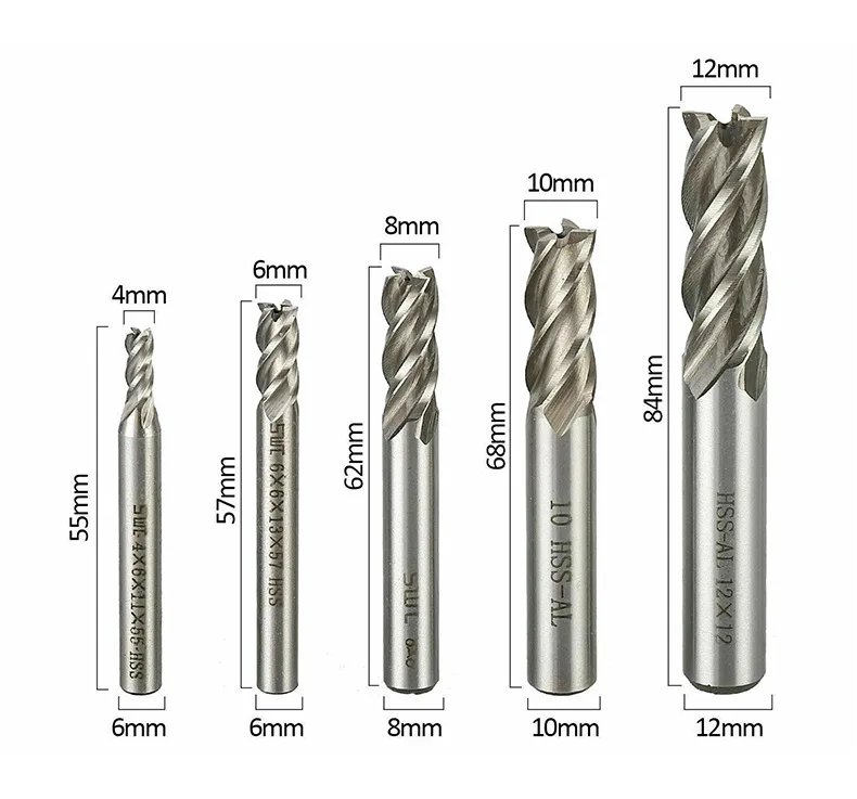 5/8pcs End Mills HSS Metal Milling Cutter 4 Flutes Straight Shank CNC Router Bit For Aluminum Milling Tool 2/3/4/5/6/8/10/12mm