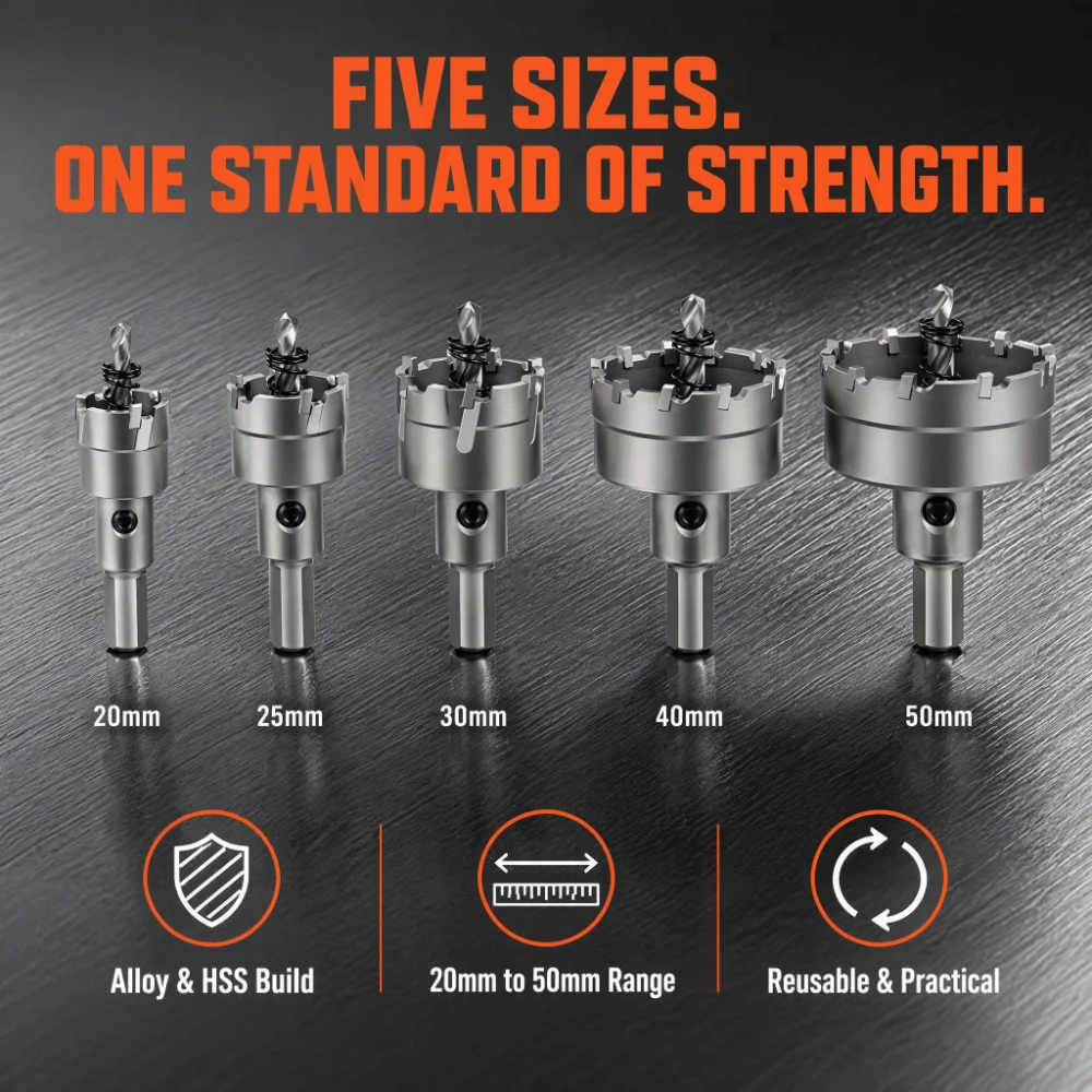 5pcs 20-50mm Diameter Range Hole Saw Set Carbide Tip HSS Body Metal Hole Cutter TCT Core Design Multi Size TCT Hole Saw