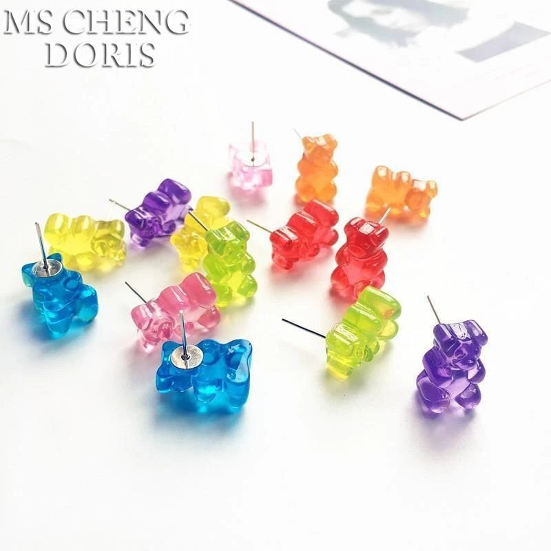 Kids Candy Color Jelly Bear Stud Earrings Women Girl Cartoon Transparent Bear Barrette Fashion Cute Resin Gummy Bear Jewelry