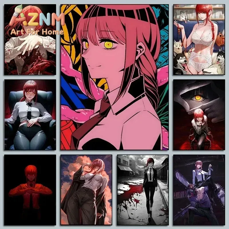 AZNM Chainsaw Man Anime Canvas Wall Art Makima Character Manga Art Canvas Painting Home Bedroom Aesthetic Decor Poster