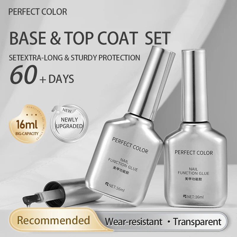 PERFECT COLOR 16ml No Wipe Gel Top Coat and Base Coat Set - Shine Finish and Long Lasting, Soak Off LED Nail Lamp Gel Base Coat