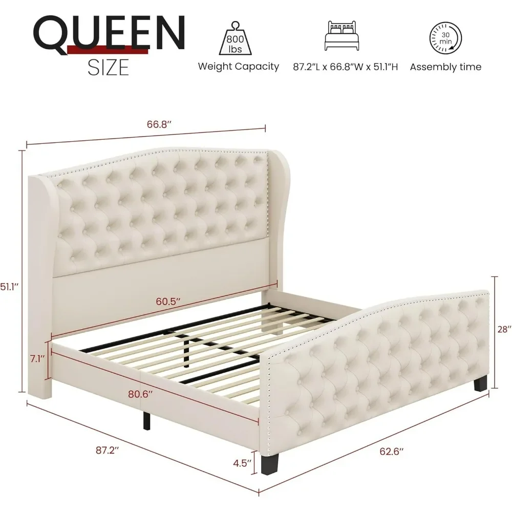 Upholstered Bed Frame, Wingback Headboard & Footboard, Deep Button Tufted & Nailhead Slats Support, Velvet Tufted Bed Frame