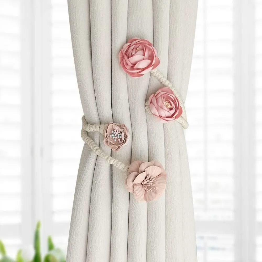2PCS Multi-color Handmade Rose Curtain Tieback Cotton Elegant Flower Curtain Buckle Artificial Flexible Curtain Clips Bedroom