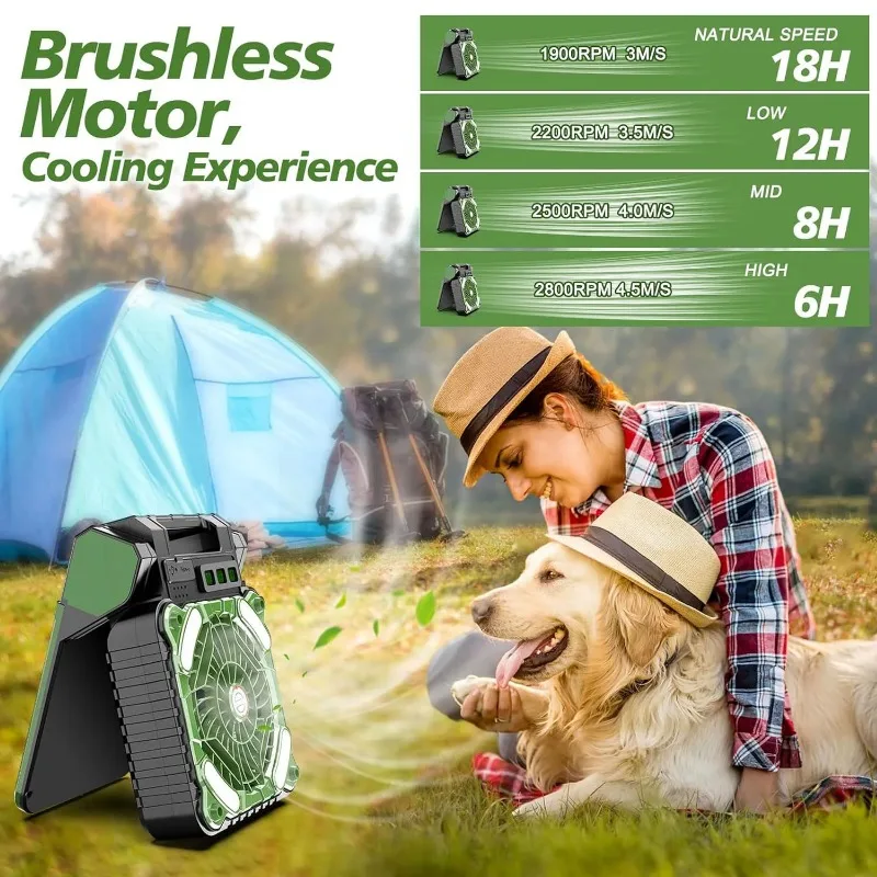 Solar Powered Camping Lamp with Cooling Fan 4 Speed Wind Settings 3 Timing Modes 3 Lighting Levels Portable Power Bank Function