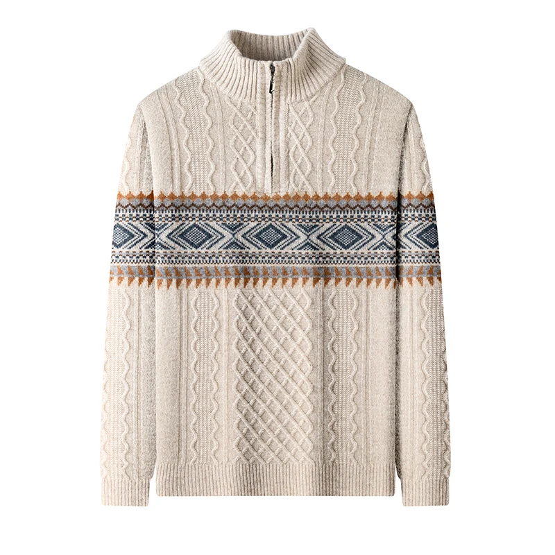 

Высококачественная одежда из 100% кашемировой шерсти, мужской зимний толстый свитер в стиле аргайл, классический джемпер с воротником-стойкой на молнии, пуловер, топы из овечьей шерсти