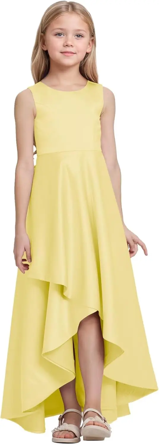 Uma linha de cetim vestido da menina de flor alta baixa pageant vestidos para meninas cetim festa comunhão bailes vestidos de baile com cinto