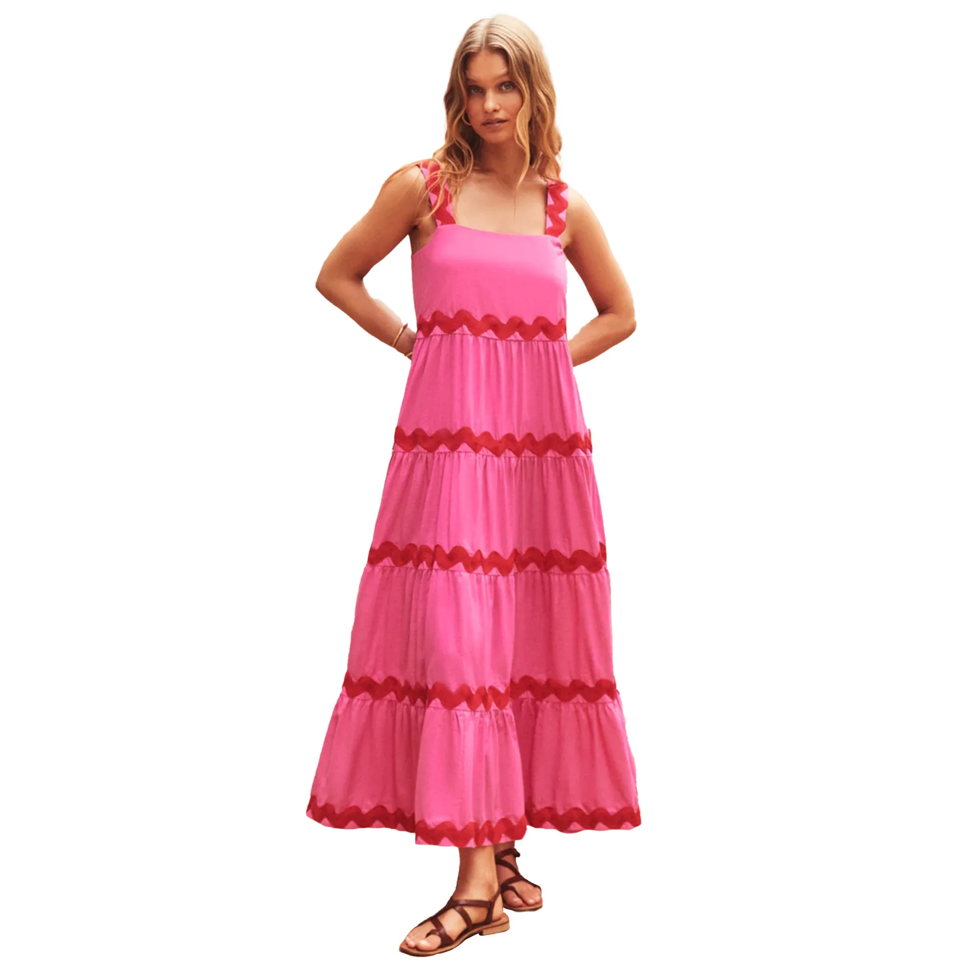 Wavy Pattern Splicing Spaghetti Strap Print Dresses Women Fashion Trendy Lady Long Dress Spring Summer New Vestidos Streetwear