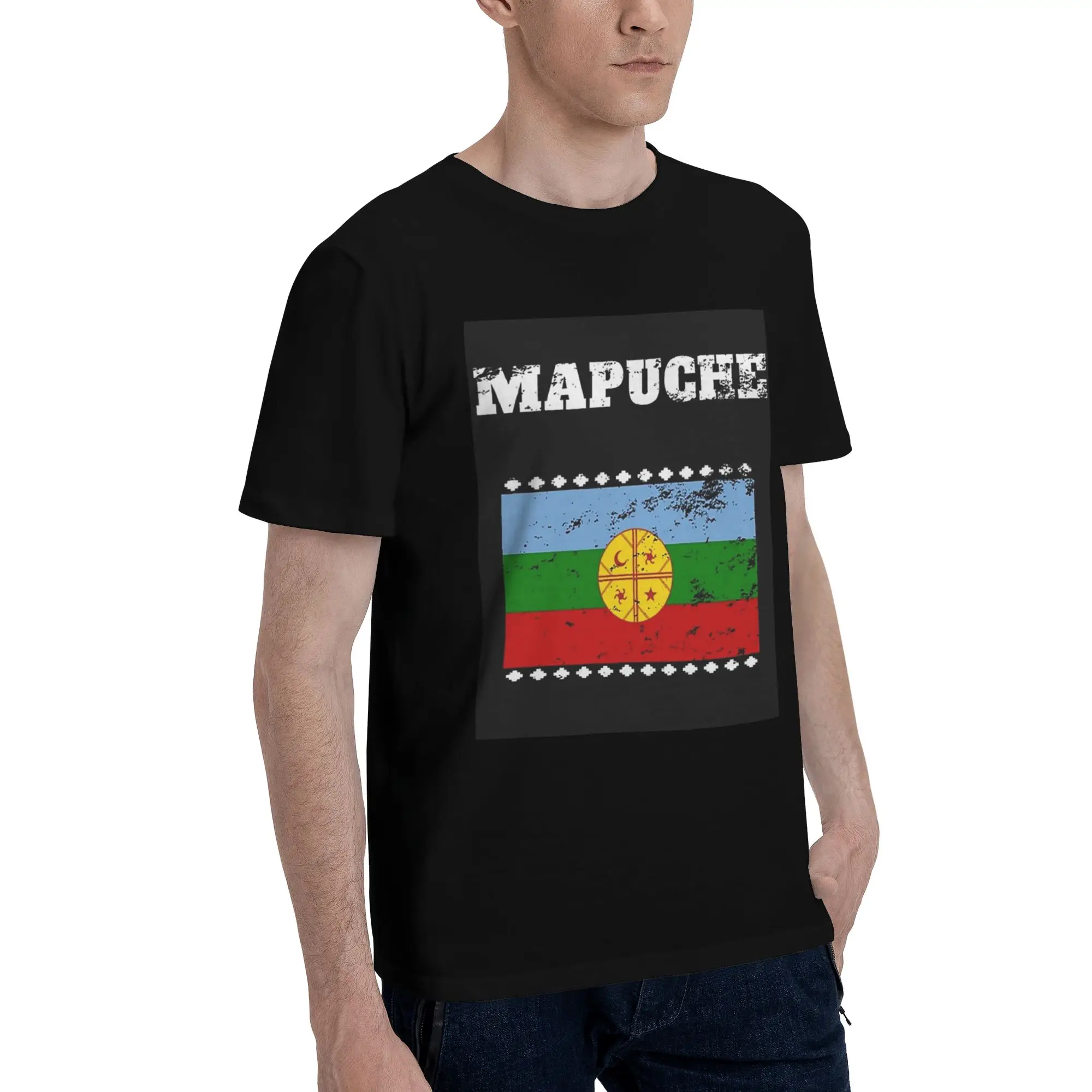 

Mapuche town flag Retro Vintage Men T-Shirt Oversized T Shirts Men's O-Neck Cotton Tees Short Summer Male