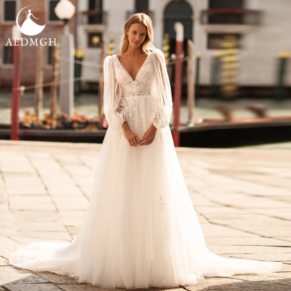 Aedmgh A-Line Graceful Wedding Dresses 2024 V-Neck Long Puff Sleeve Vestido De Novia Appliques Backless Boho Robe De Mariee