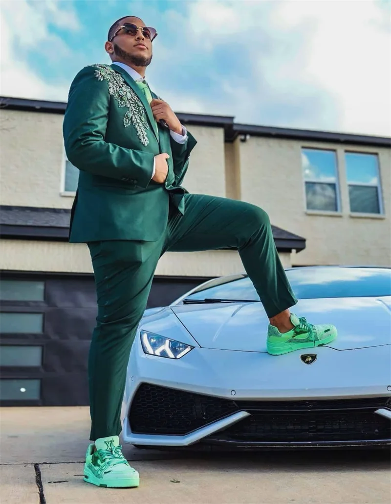 

Green Men Suit Set 2 Pieces Blazer+Pants Trousers Formal Appliqued Beaded Groom Wedding Tuxedo Customized Office Male Jacket