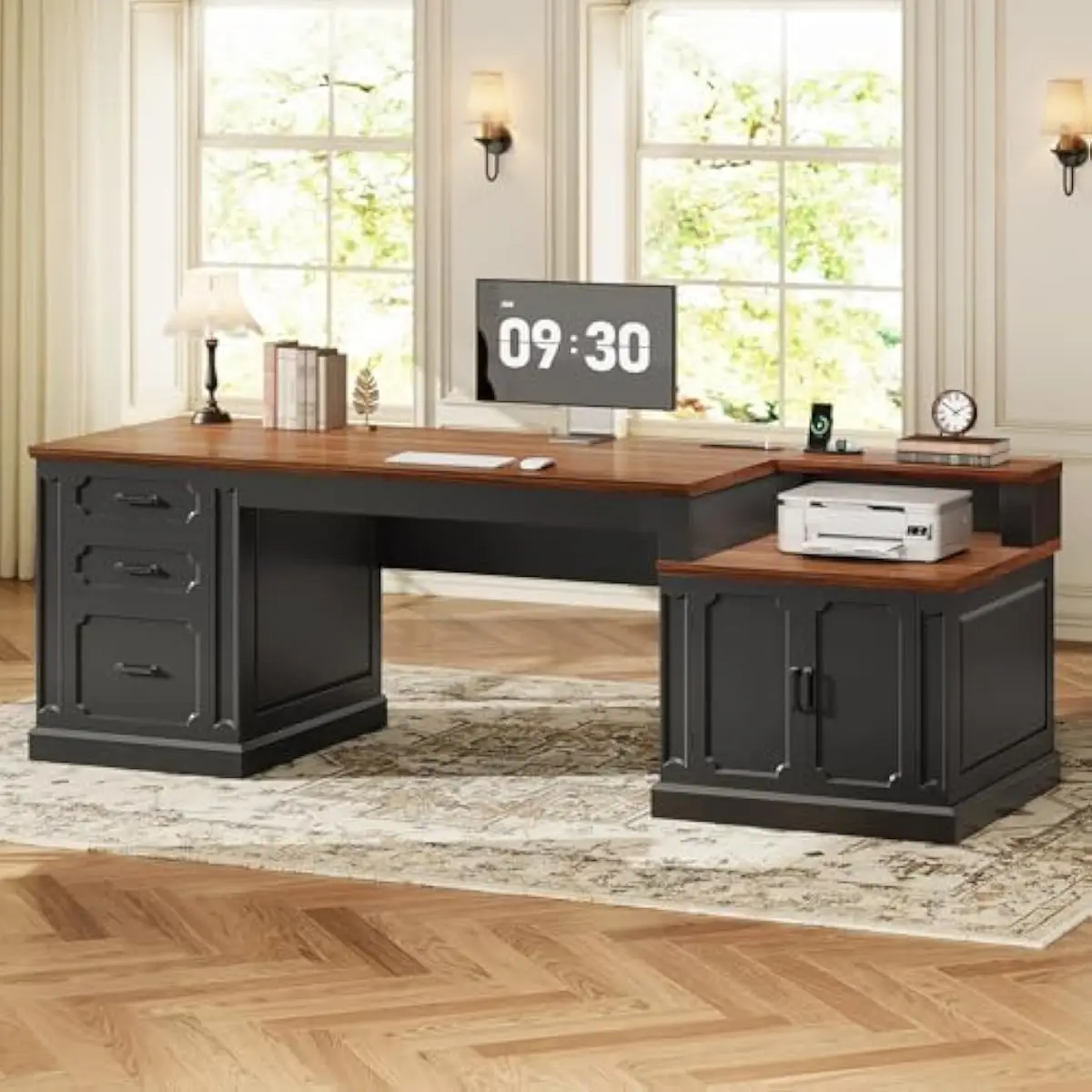 Farmhouse-style executive desk 70.9 inches wide with distressed wood finish black and brown tones engineered wood top solid base