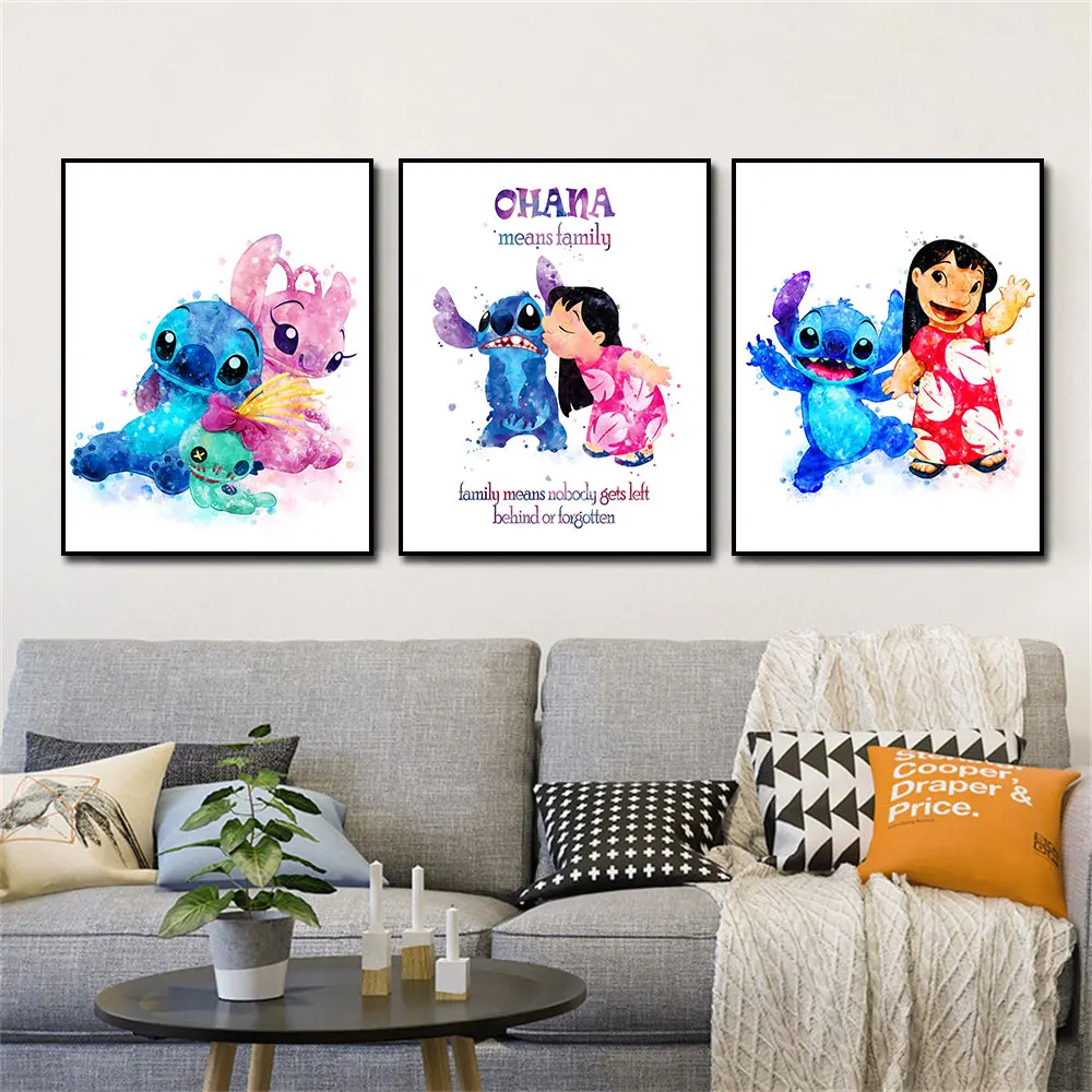 Disney Lilo and Stitch Canvas Print Ohana Means Family Quote Watercolor Nursery Wall Art Decor Kids Birthday Gifts Frameless