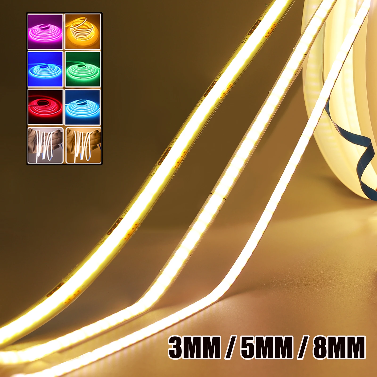 DC 12V COB Strip White/Pink/Red/Yellow/Ice Blue/Green 3MM 5MM 8MM Home Decor TV Backlight 0.5M 1M 4M 5M Flexible Ribbon Rope