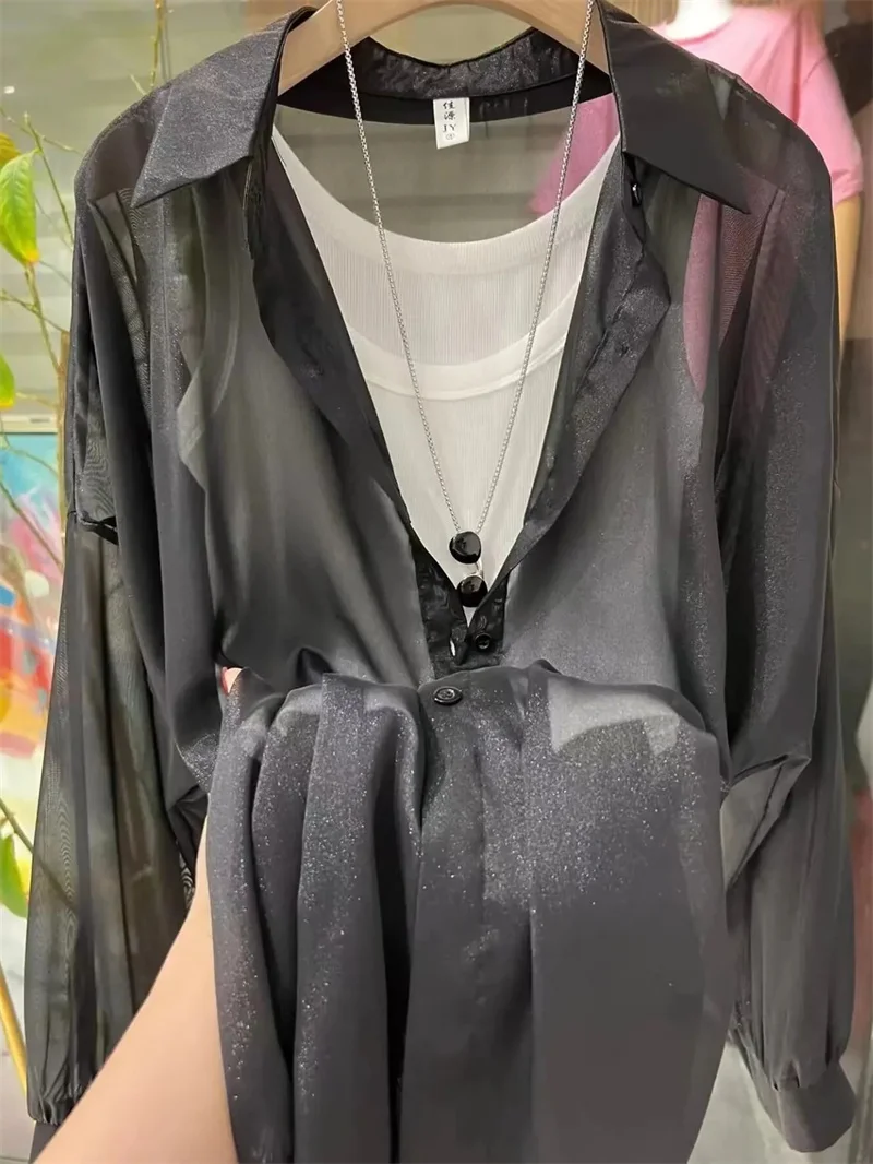 

2025 женское новое солнцезащитное пальто из жемчужной пряжи, летняя женская рубашка с рукавами-фонариками, солнцезащитная рубашка, корейская женская модная рубашка для отдыха