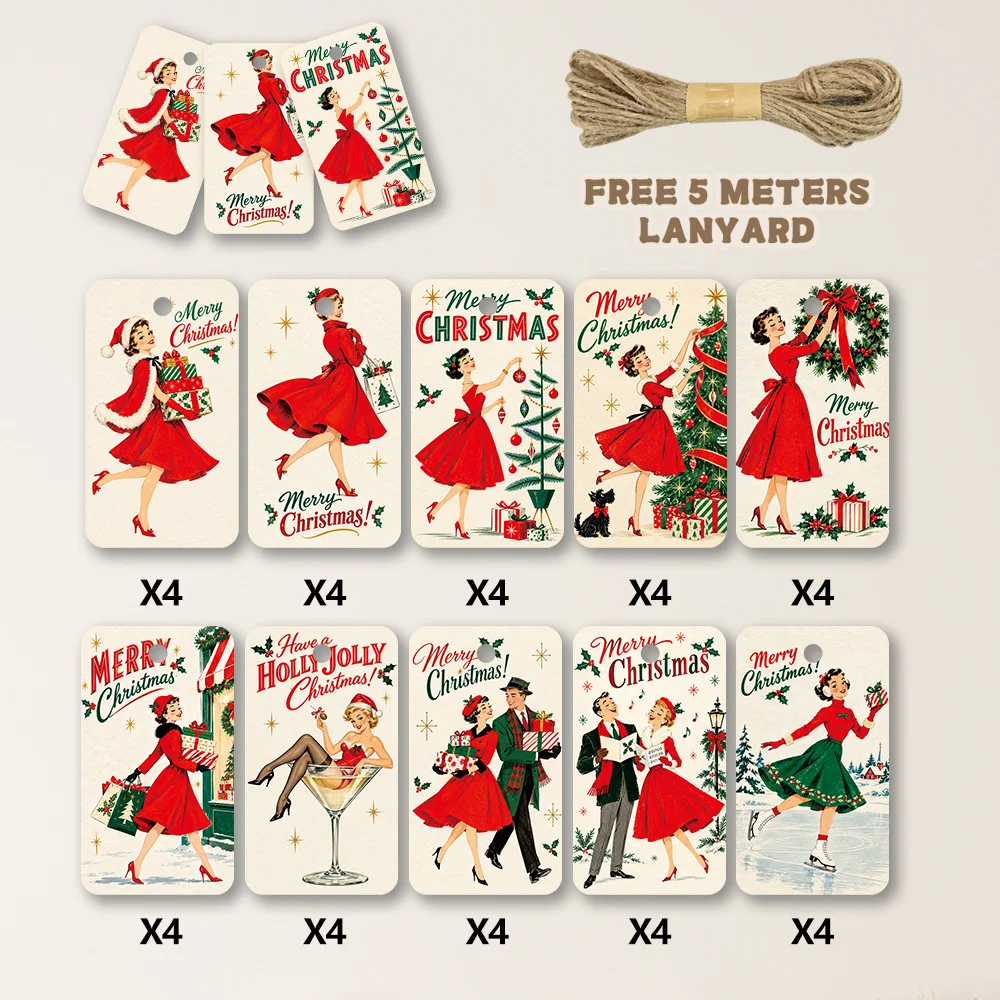 40pcs, Gift Tags, Vintage 50s Lady In Red Xmas, Hanging Paper Labels for Gift Wrapping, Holiday Party Decor with String