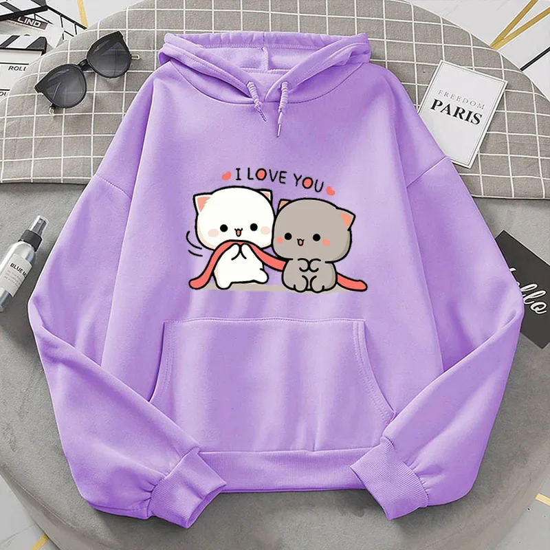 

Peach Cat Kawaii Clothing Aesthetic Hoodie Couple Cute Pink Tops Female Sweatshirt Women Cartoon Printed Unisex Warm Streetwear