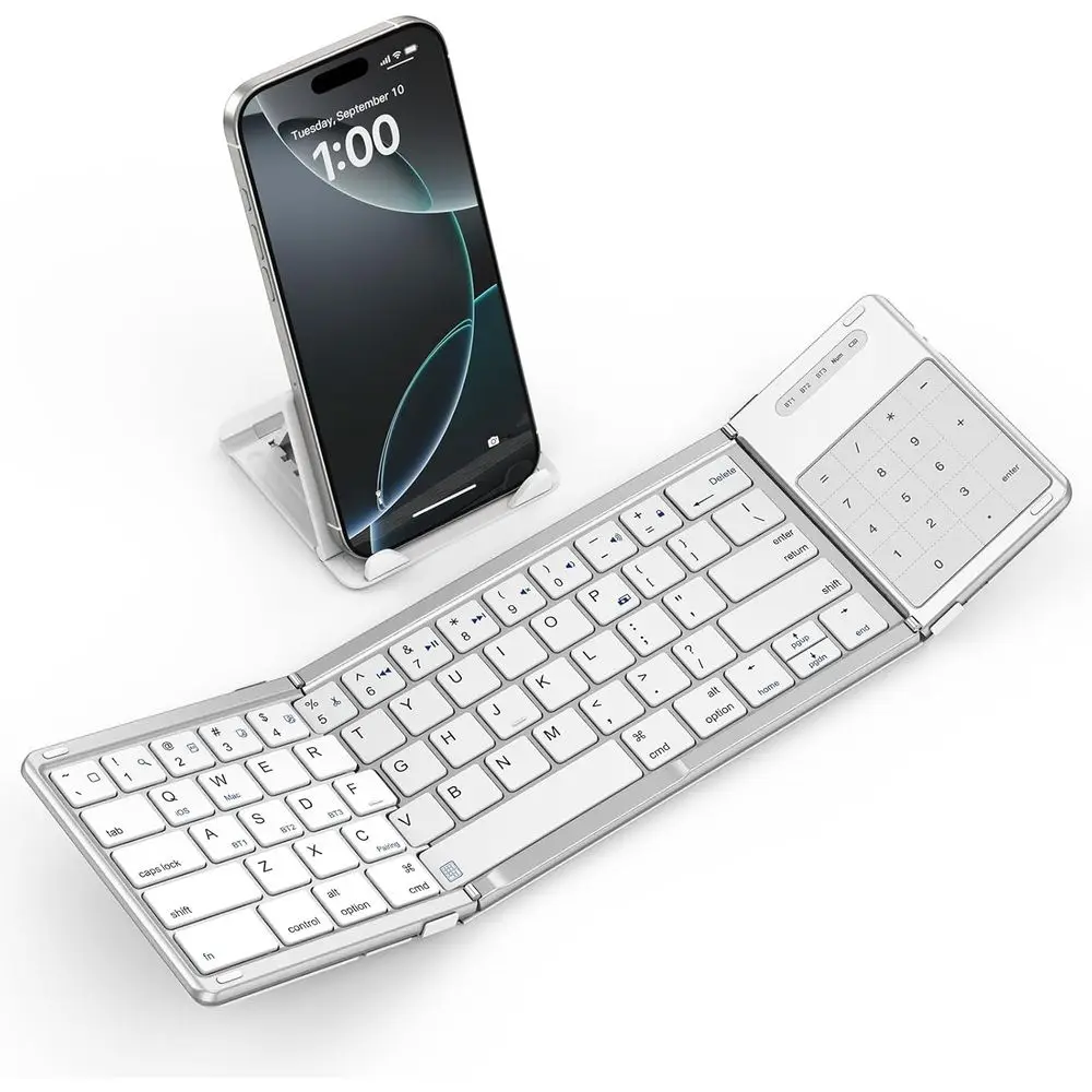Portable Wireless Keyboard with Touchpad and Stand, Rechargeable for Tablets and Laptops