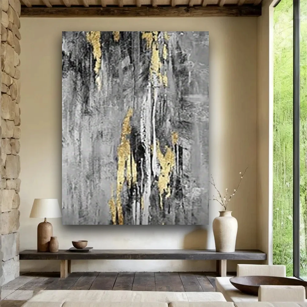 

Hand-Painted Retro Oil Painting Abstract Gold Line Scraper Texture Wall Art Modern Canvas Poster For Living Room Decor Mural