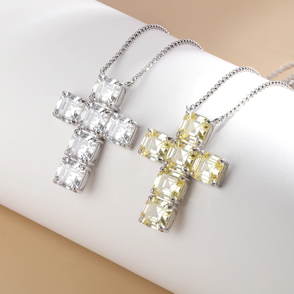 GRA Certified 7*7mm Asscher Cut Full Moissanite Cross Necklace For Women 12cttw 6 Stones D Color S925 Plate 18K Pendant Necklace