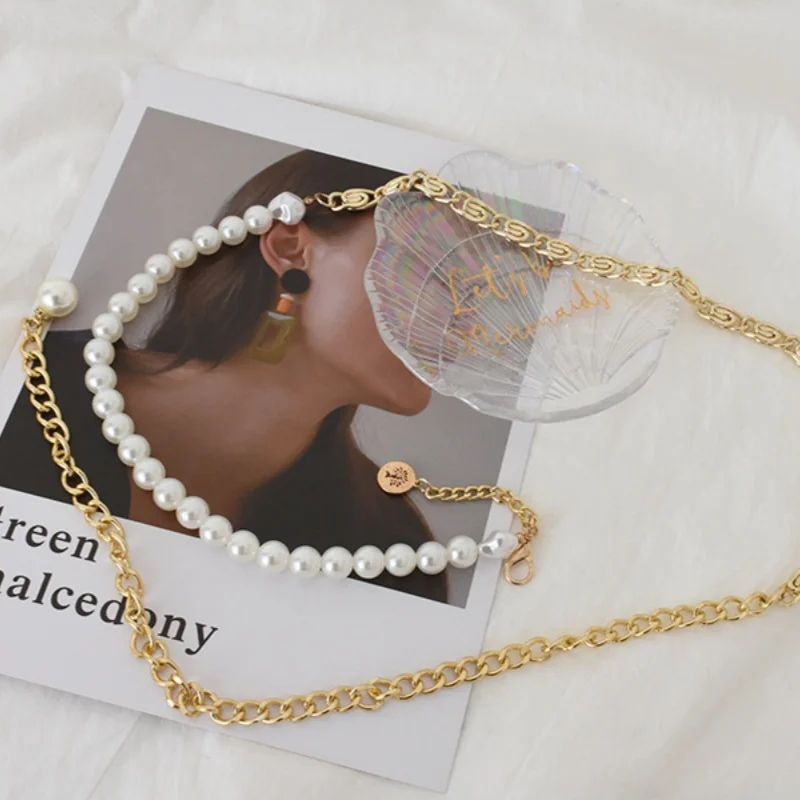 Luxury Fashion Elegant Lady Waist Belts Metal Simulated Pearl Chain Belt For Women Decoritive Girls Dress Crystal Strap